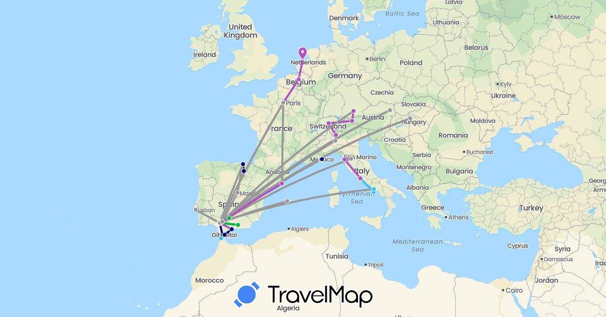 TravelMap itinerary: driving, bus, plane, train, boat in Austria, Belgium, Switzerland, Germany, Spain, France, Gibraltar, Hungary, Italy, Morocco, Monaco, Netherlands, Portugal (Africa, Europe)